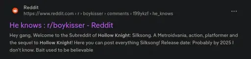 a duckduckgo search result where the url and title is a reddit post on r/boykisser but the page preview is the description of r/silksong