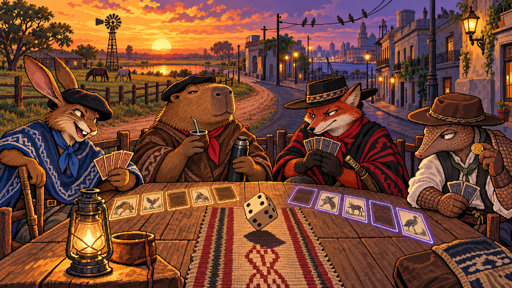 Pixel art of a rabbit, a capybara, a fox and an armadillo dressed as gauchos, playing cards around a wooden table at sunset. Glowing card slots line the table and a die is mid-roll in the middle. Behind them, a dirt road leaves the countryside, with horses and a windmill, and turns into a city street with old buildings and lamps.